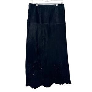 Vintage 90s Gala Collection Black Suede Floral Eyelet Maxi Skirt 10